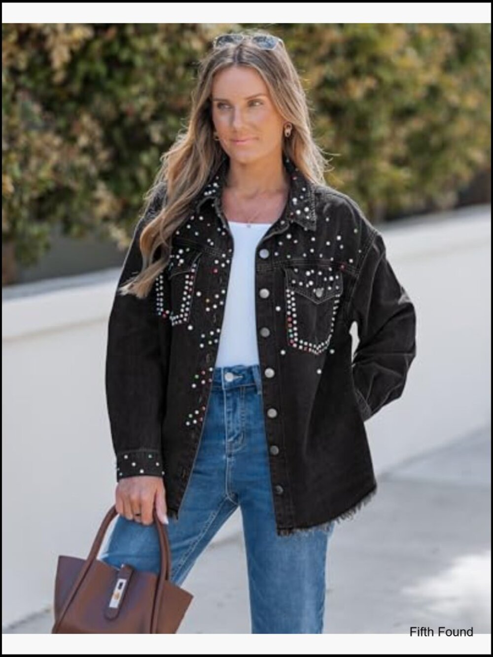 Oversized Rhinestones Pearls Embellished Denim Jacket with Frayed Hem - Picture 3 of 7